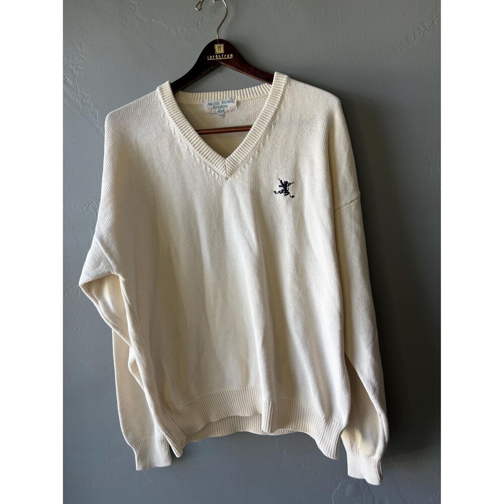 Vintage Archie Brown Bermuda 100% Cotton Golf Cream V-Neck Sweater ~ Size M